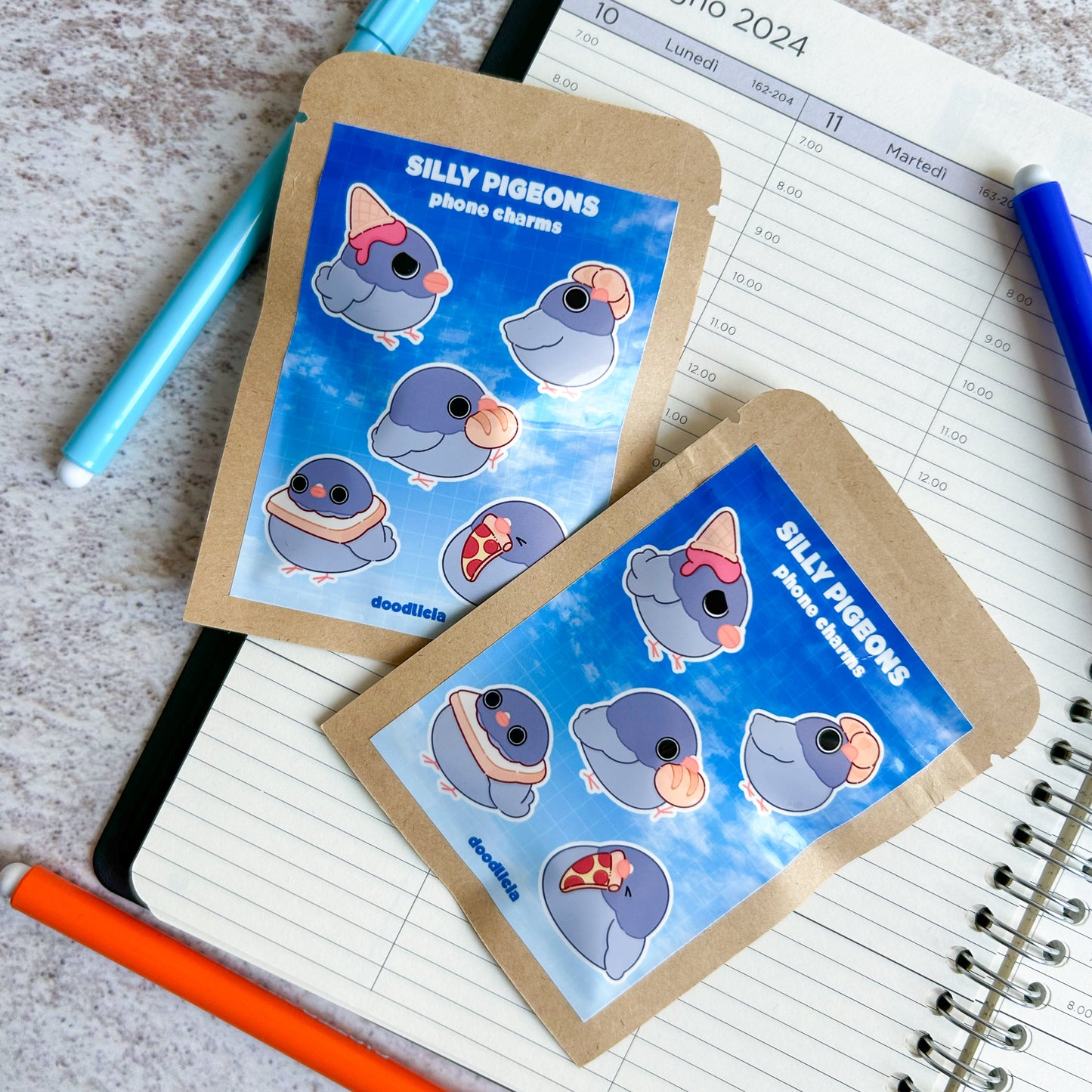 Silly pigeons blind bag | acrylic phone charm + sticker | acrylic keychain