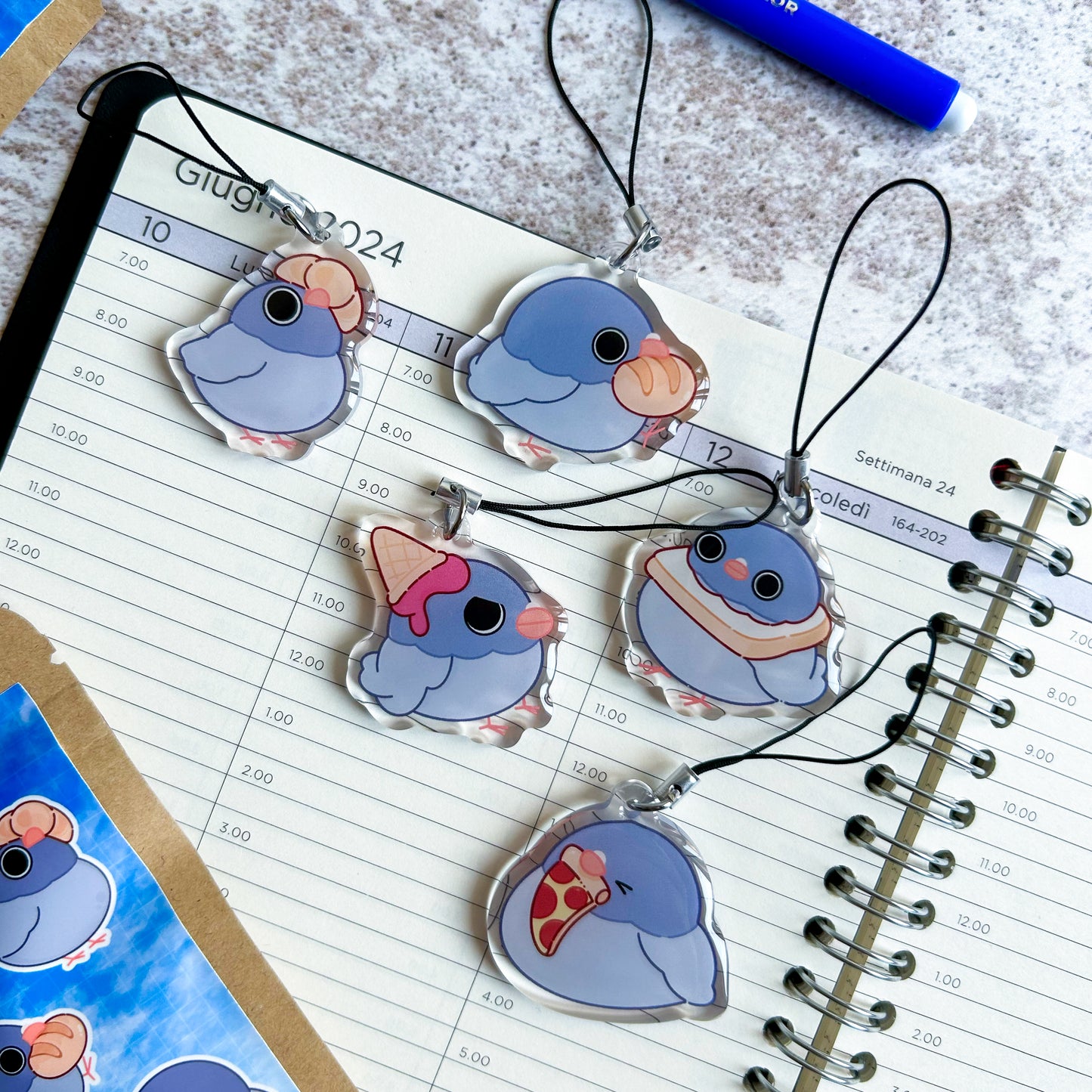 Silly pigeons blind bag | acrylic phone charm + sticker | acrylic keychain