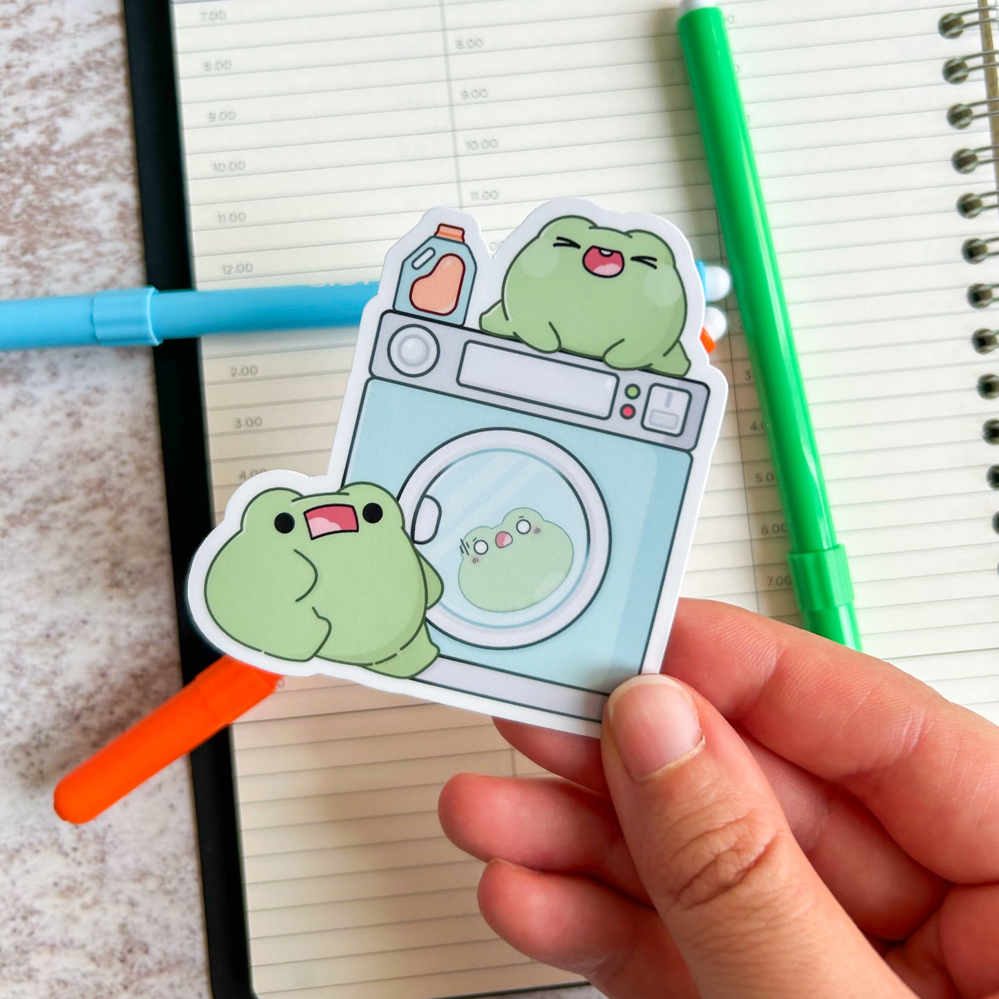 Frogs doing laundry | die cut frog sticker