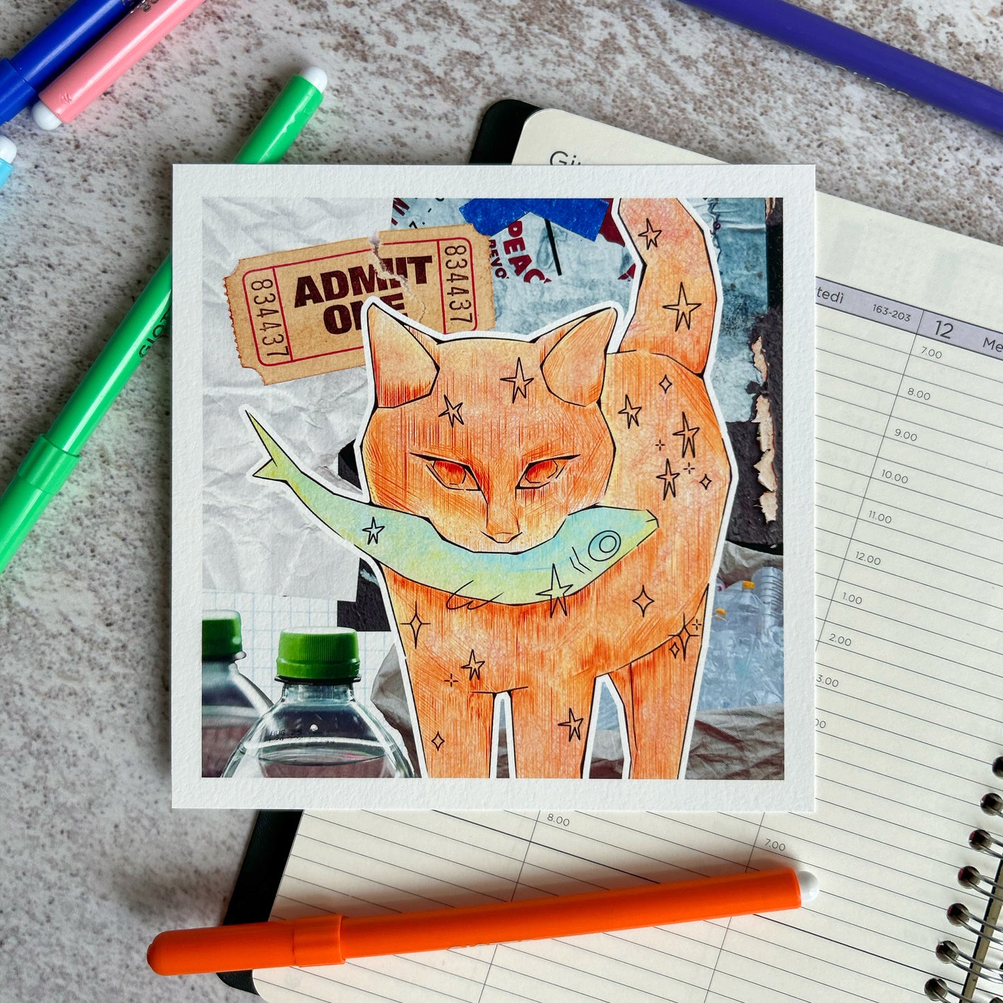 Orange cat and fish mixed media art print | Art Print