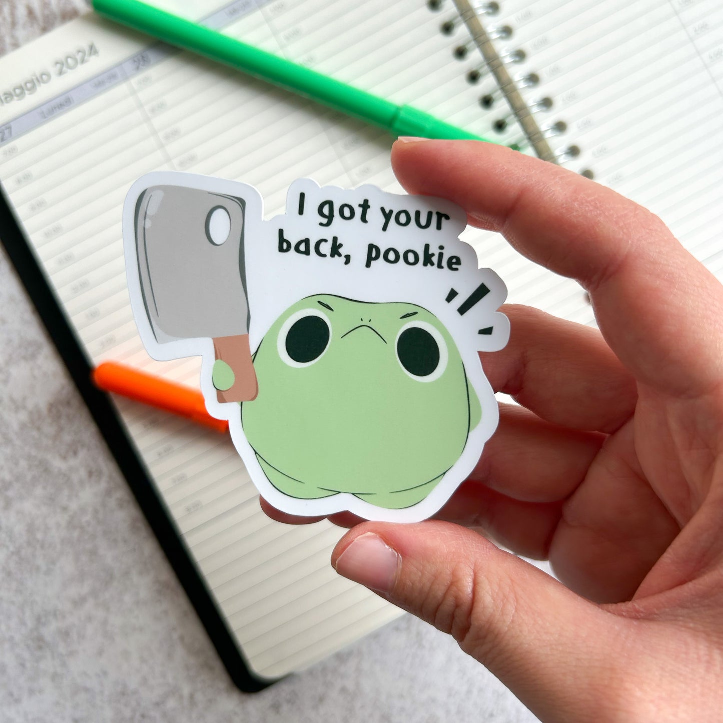 "I got your back, pookie" frog sticker - die cut sticker