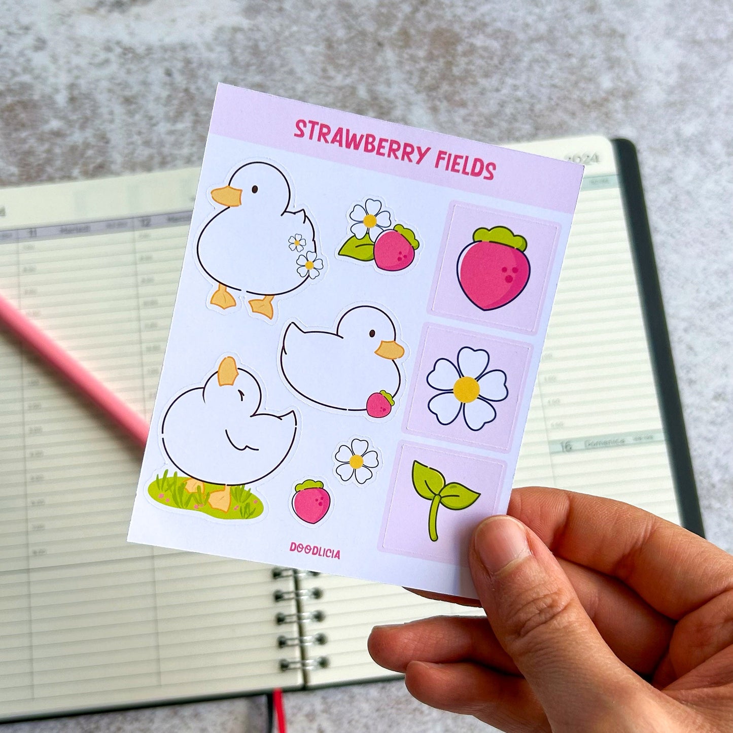 Strawberry fields sticker sheet | duck stickers | bujo | cute stationery | journaling sticker | spring stickers | pastel stickers