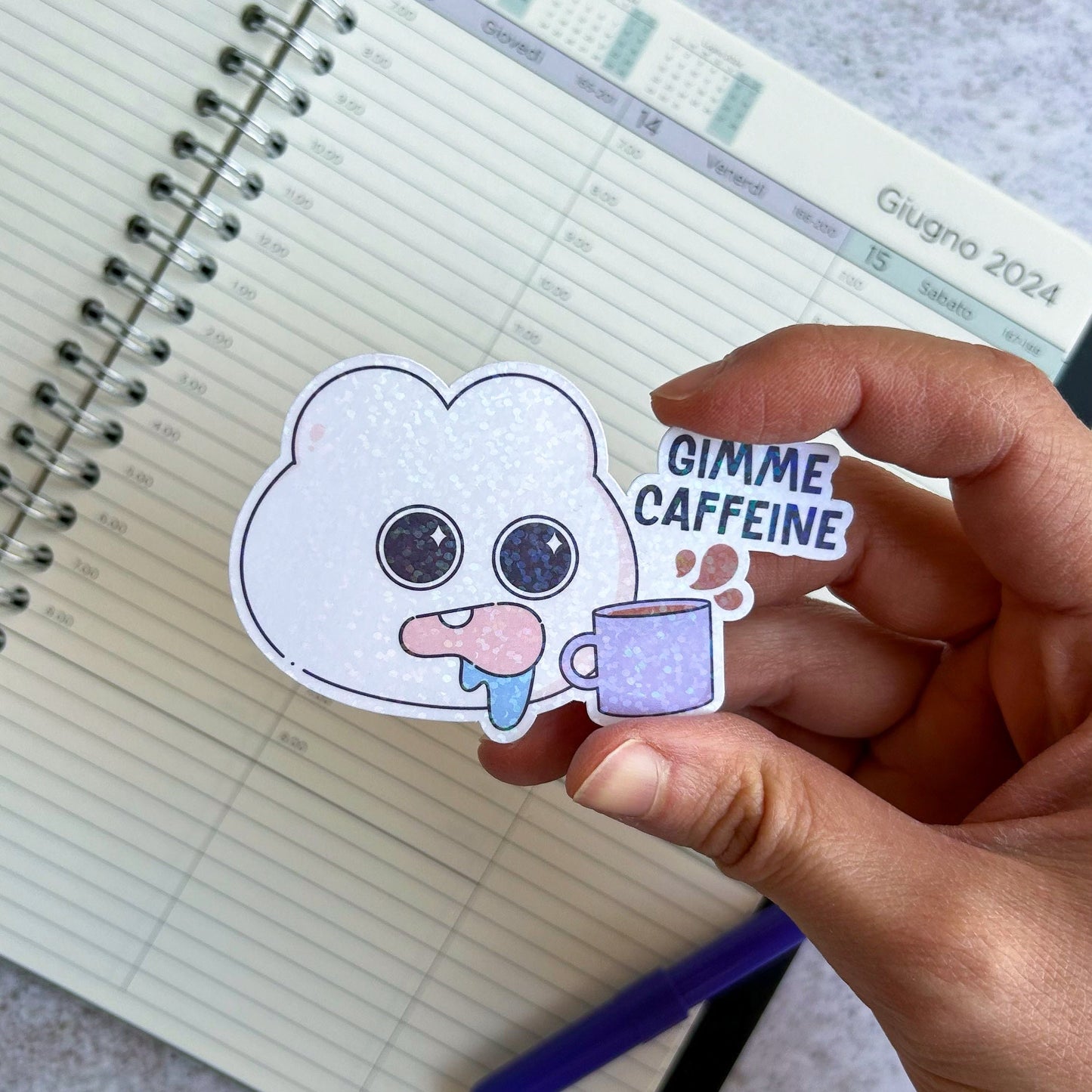 Gimme caffeine bunny holographic die cut sticker | cute stationery | journaling sticker | bujo | vinyl sticker | laptop sticker