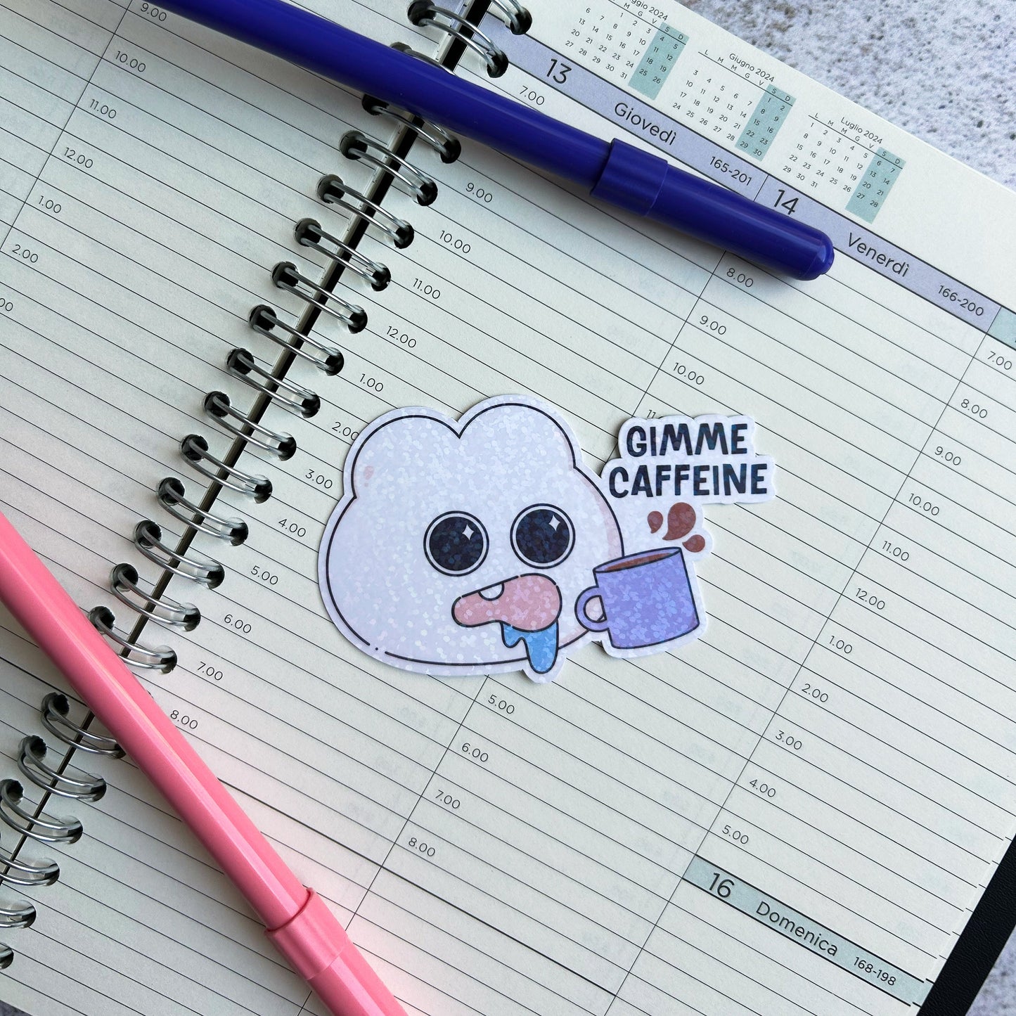 Gimme caffeine bunny holographic die cut sticker | cute stationery | journaling sticker | bujo | vinyl sticker | laptop sticker