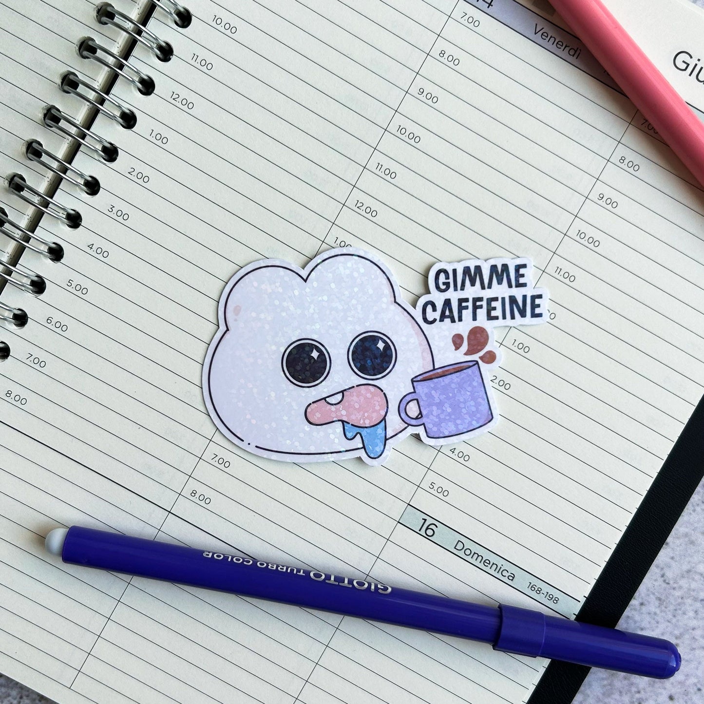 Gimme caffeine bunny holographic die cut sticker | cute stationery | journaling sticker | bujo | vinyl sticker | laptop sticker