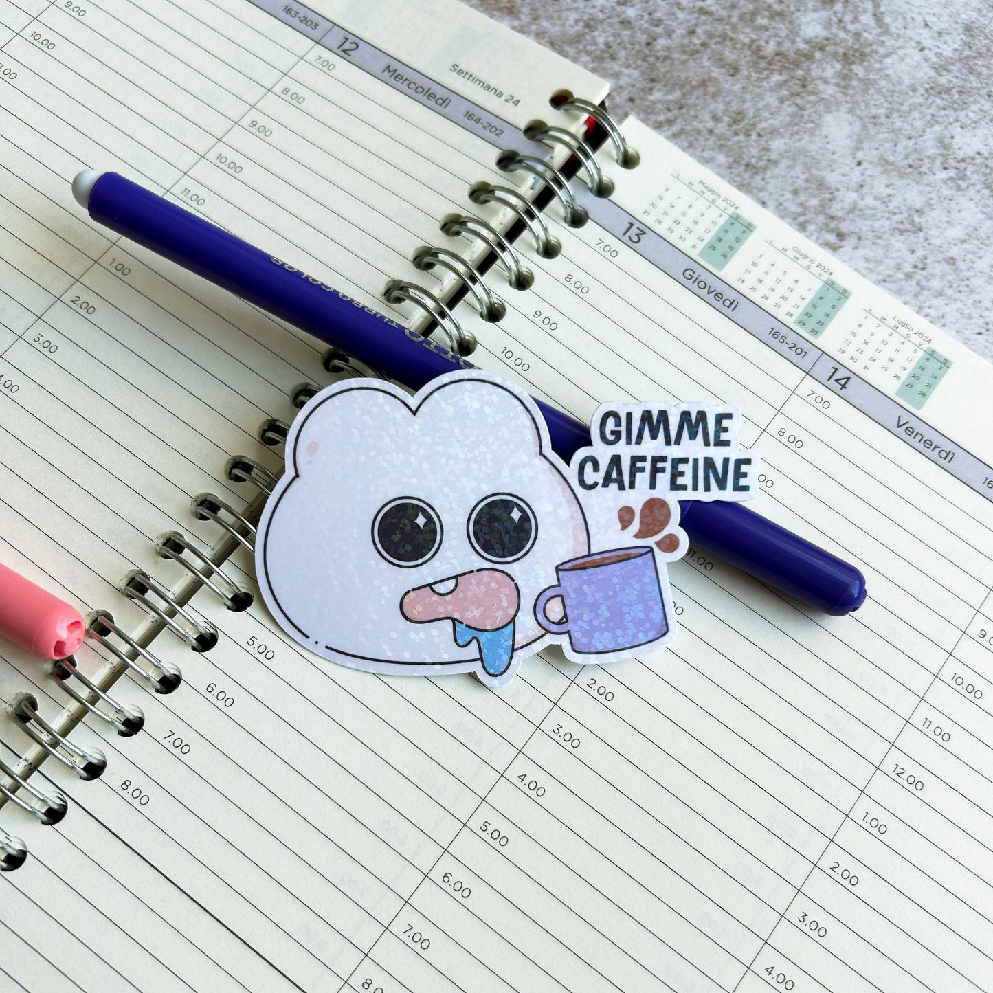 Gimme caffeine bunny holographic die cut sticker | cute stationery | journaling sticker | bujo | vinyl sticker | laptop sticker