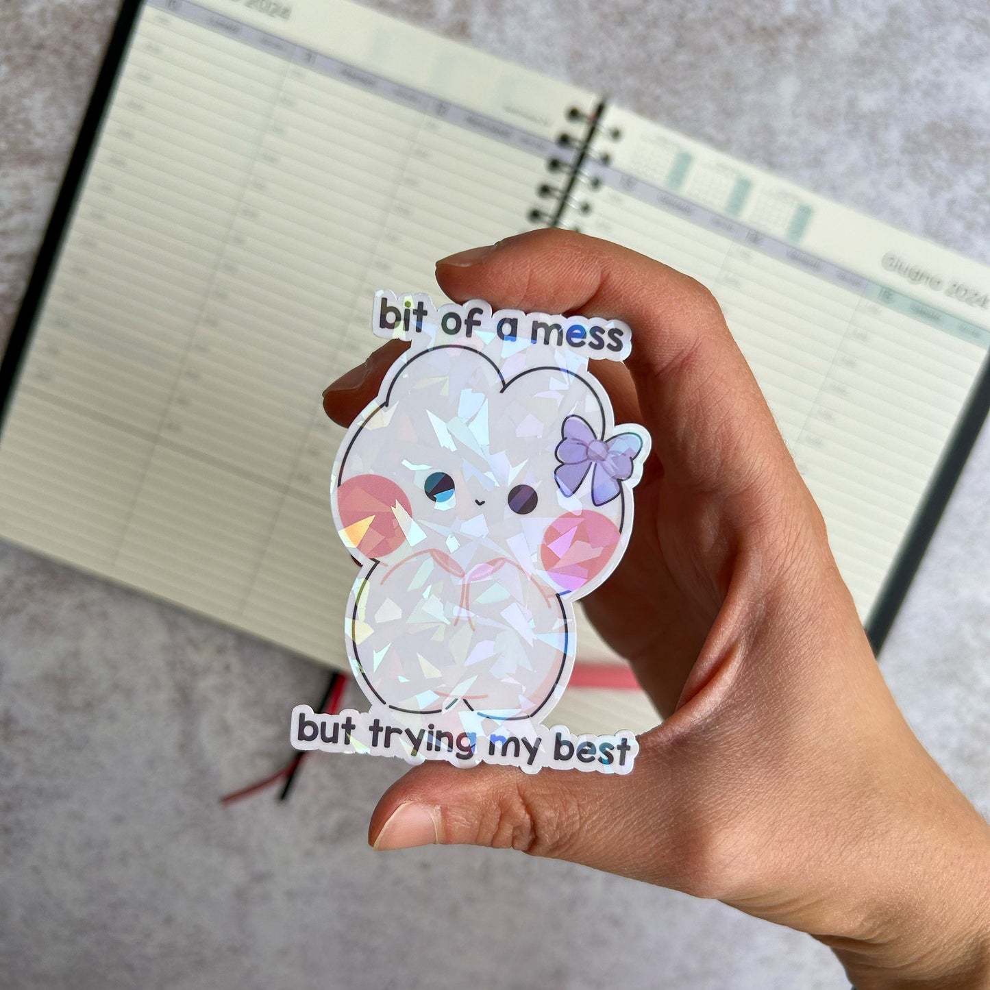 Bit of a mess but trying my best bunny holographic die cut sticker | cute stationery | journaling sticker | vinyl sticker | laptop sticker