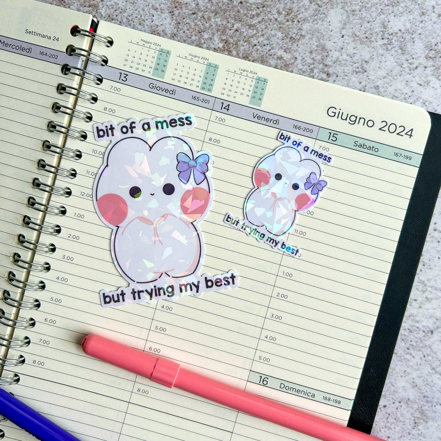 Bit of a mess but trying my best bunny holographic die cut sticker | cute stationery | journaling sticker | vinyl sticker | laptop sticker