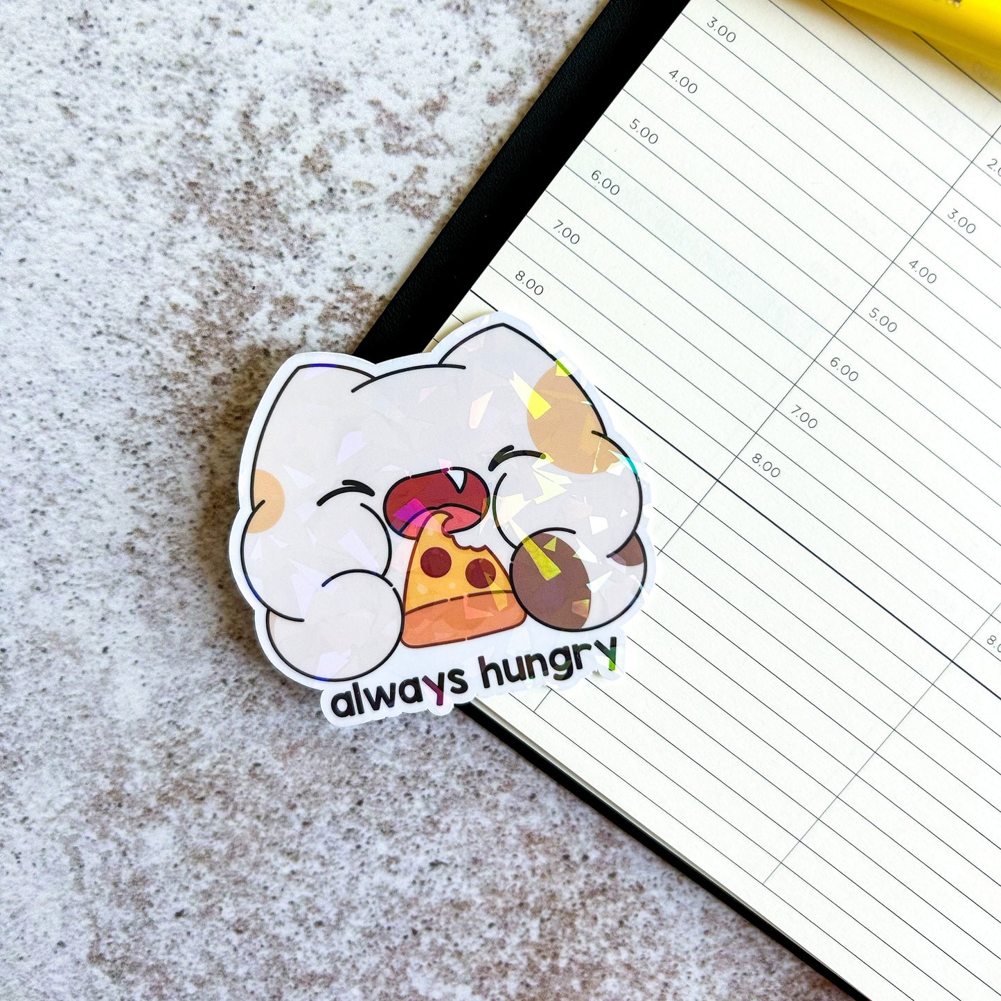 Always hungry cat die cut holographic sticker | cat sticker | bujo | cute stationery | journaling sticker | vinyl sticker | laptop sticker