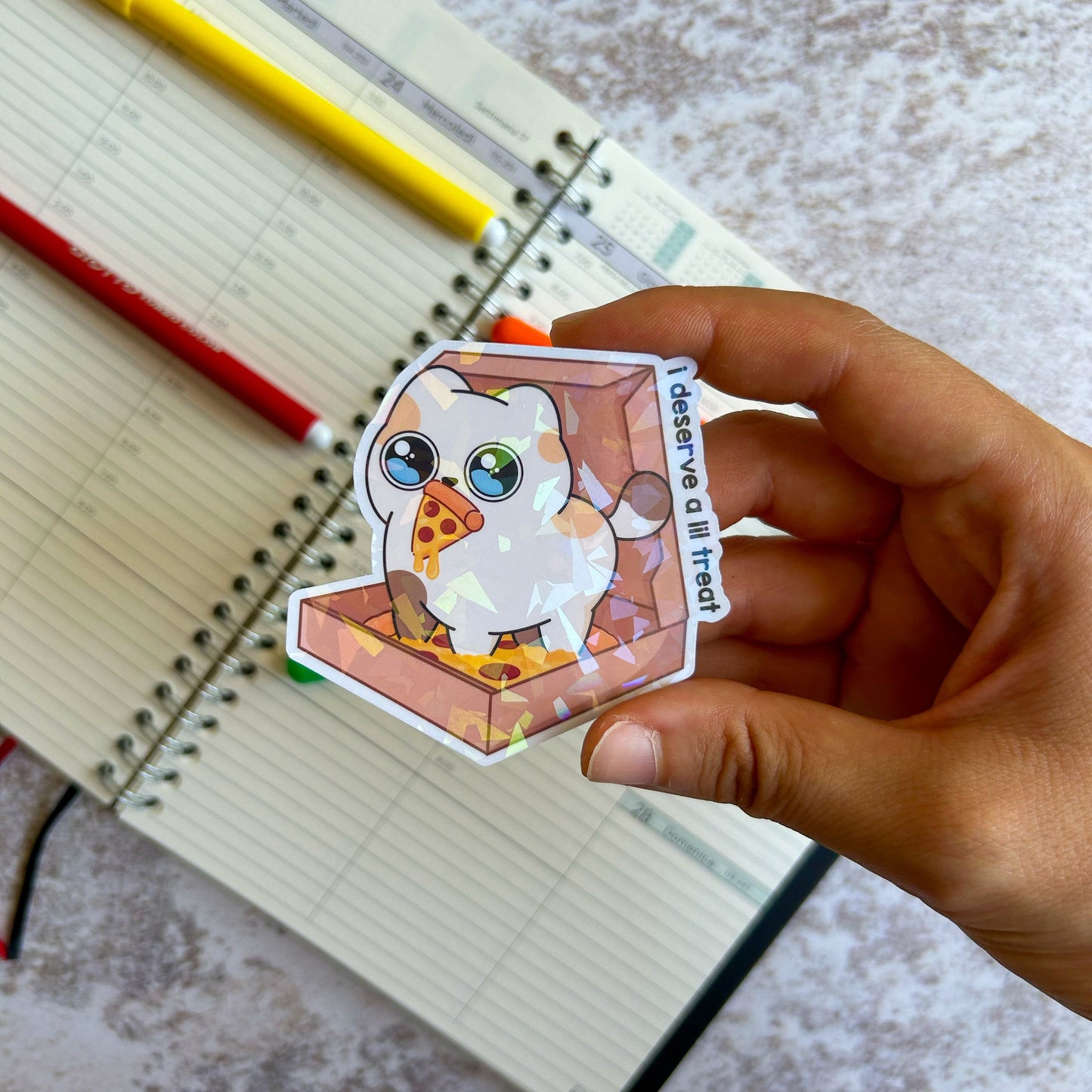 I deserve a lil treat holographic die cut sticker | cat sticker | cute stationery | journaling sticker | vinyl sticker | laptop sticker