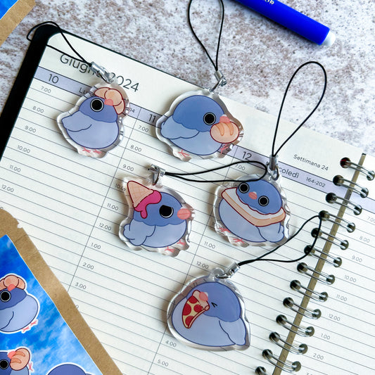 Silly pigeons blind bag | acrylic phone charm + sticker | acrylic keychain