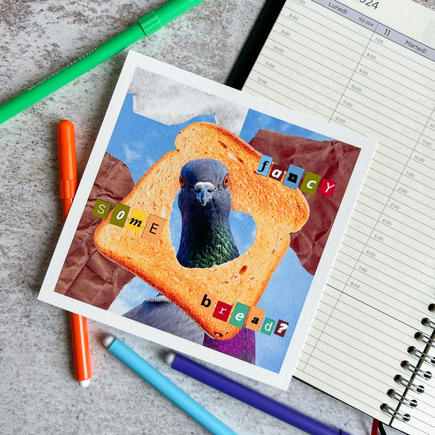 Fancy some bread? Pigeon mixed media art print | Art Print