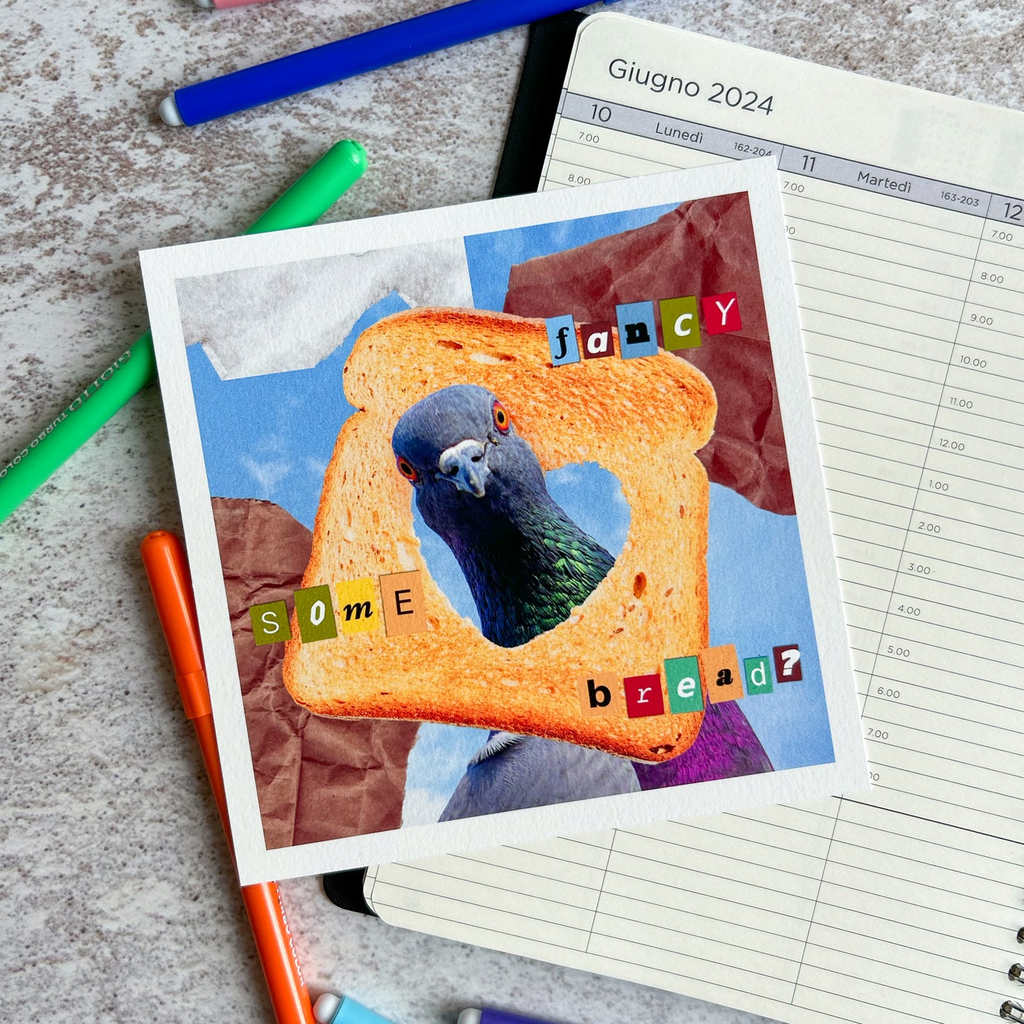 Fancy some bread? Pigeon mixed media art print | Art Print