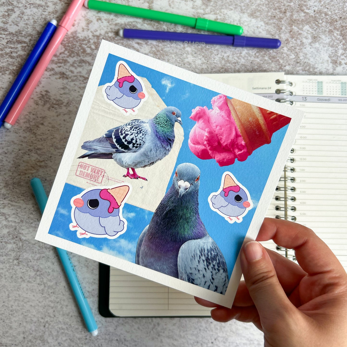 Ice cream pigeon mixed media art print | Art Print