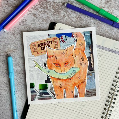 Orange cat and fish mixed media art print | Art Print