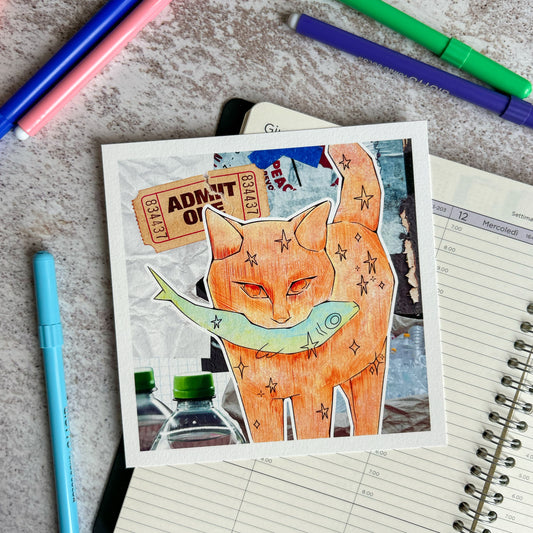 Orange cat and fish mixed media art print | Art Print