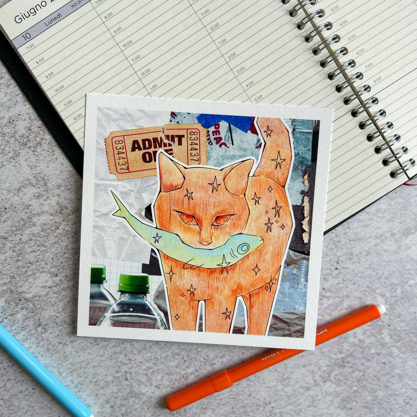 Orange cat and fish mixed media art print | Art Print