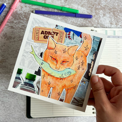 Orange cat and fish mixed media art print | Art Print