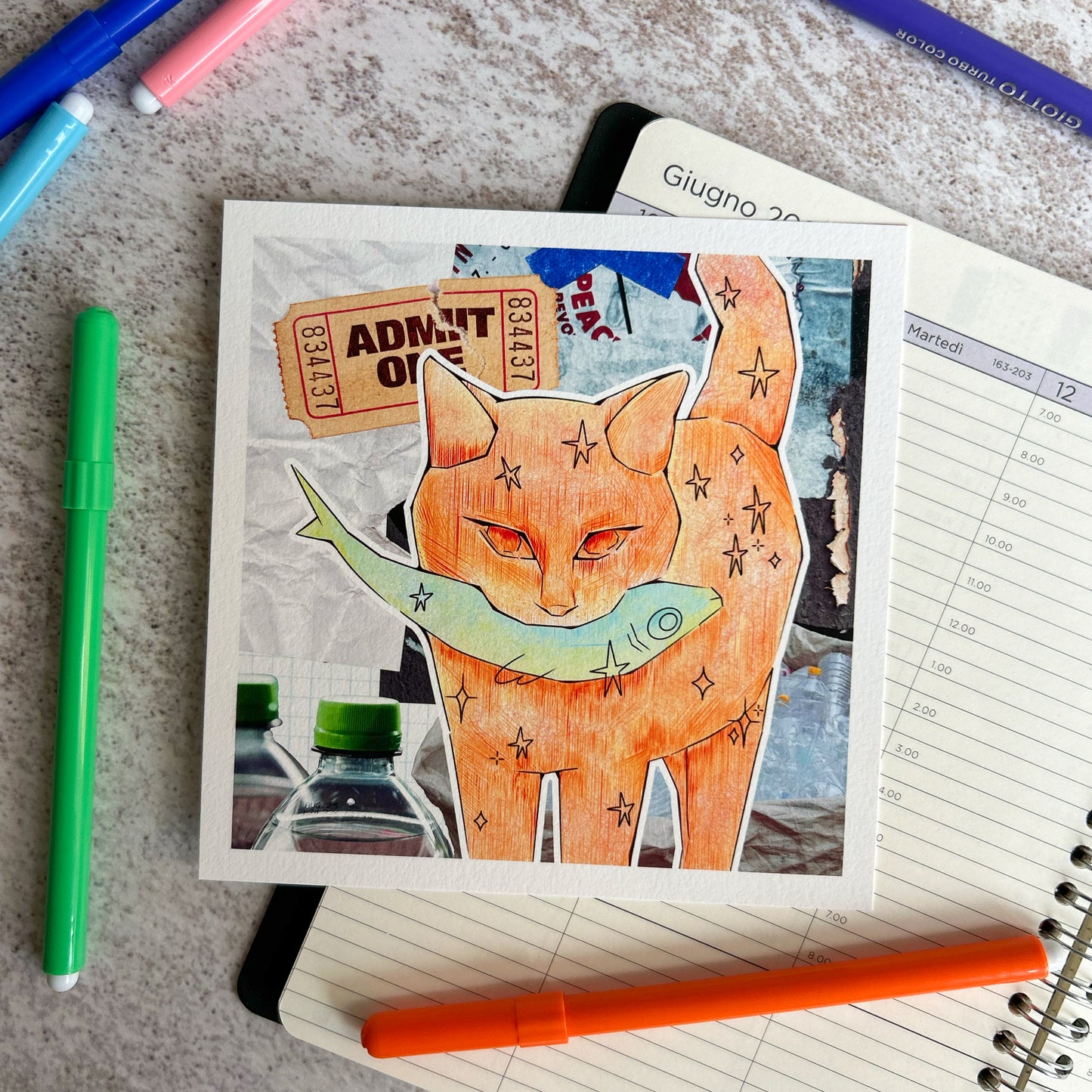 Orange cat and fish mixed media art print | Art Print