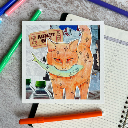 Orange cat and fish mixed media art print | Art Print