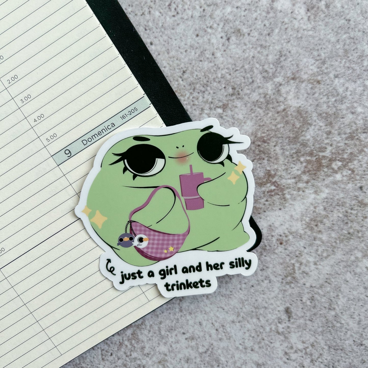 "Just a girl and her silly trinkets" frog sticker - die cut sticker