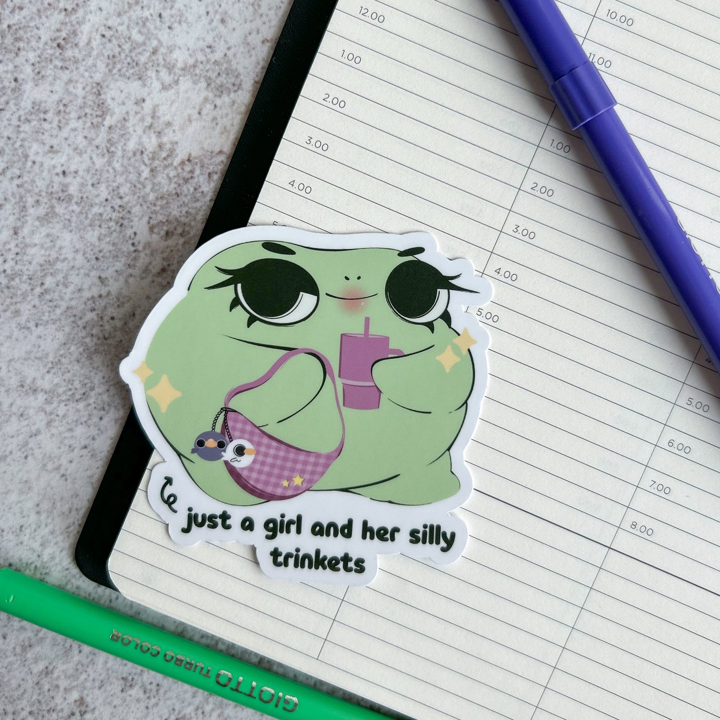 "Just a girl and her silly trinkets" frog sticker - die cut sticker