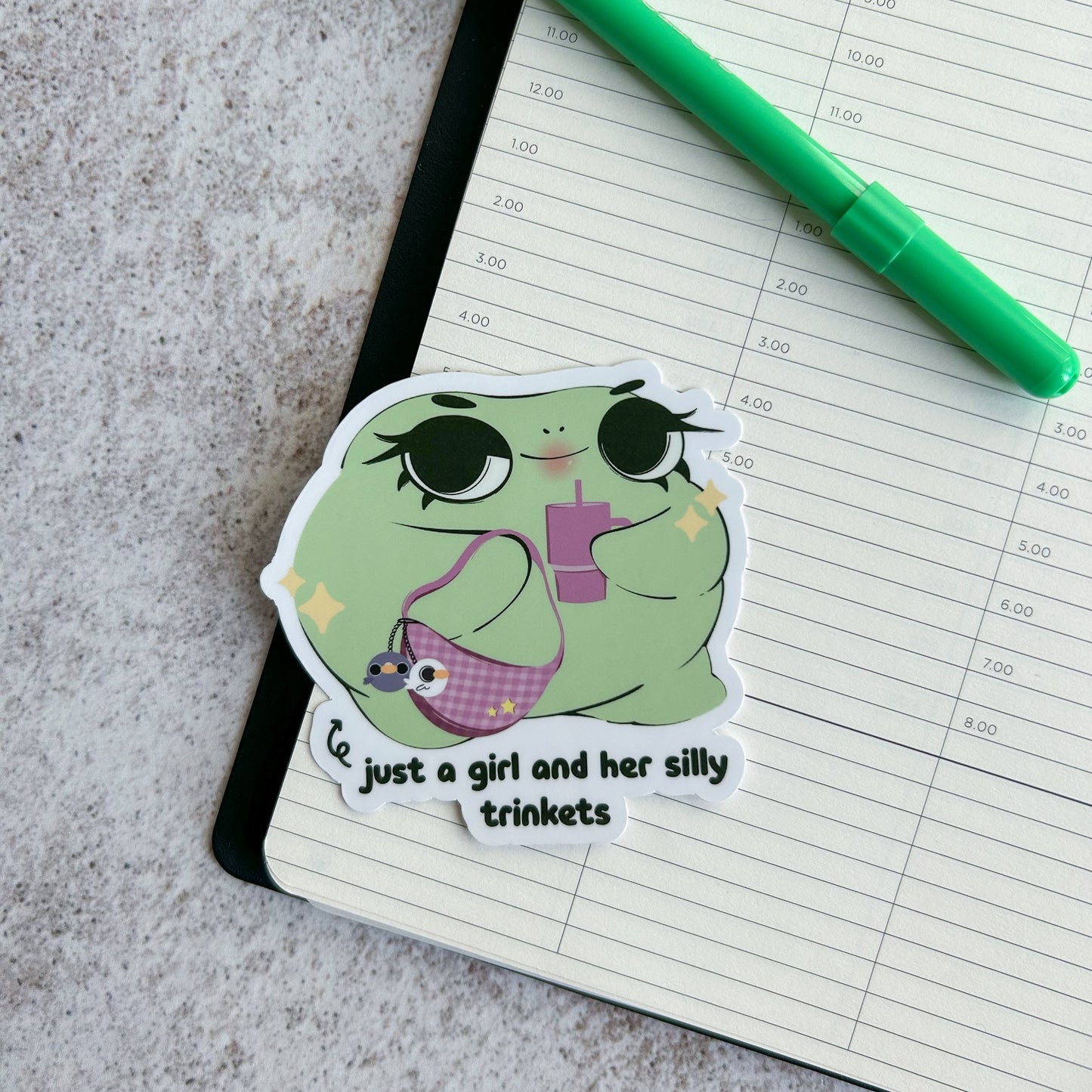 "Just a girl and her silly trinkets" frog sticker - die cut sticker