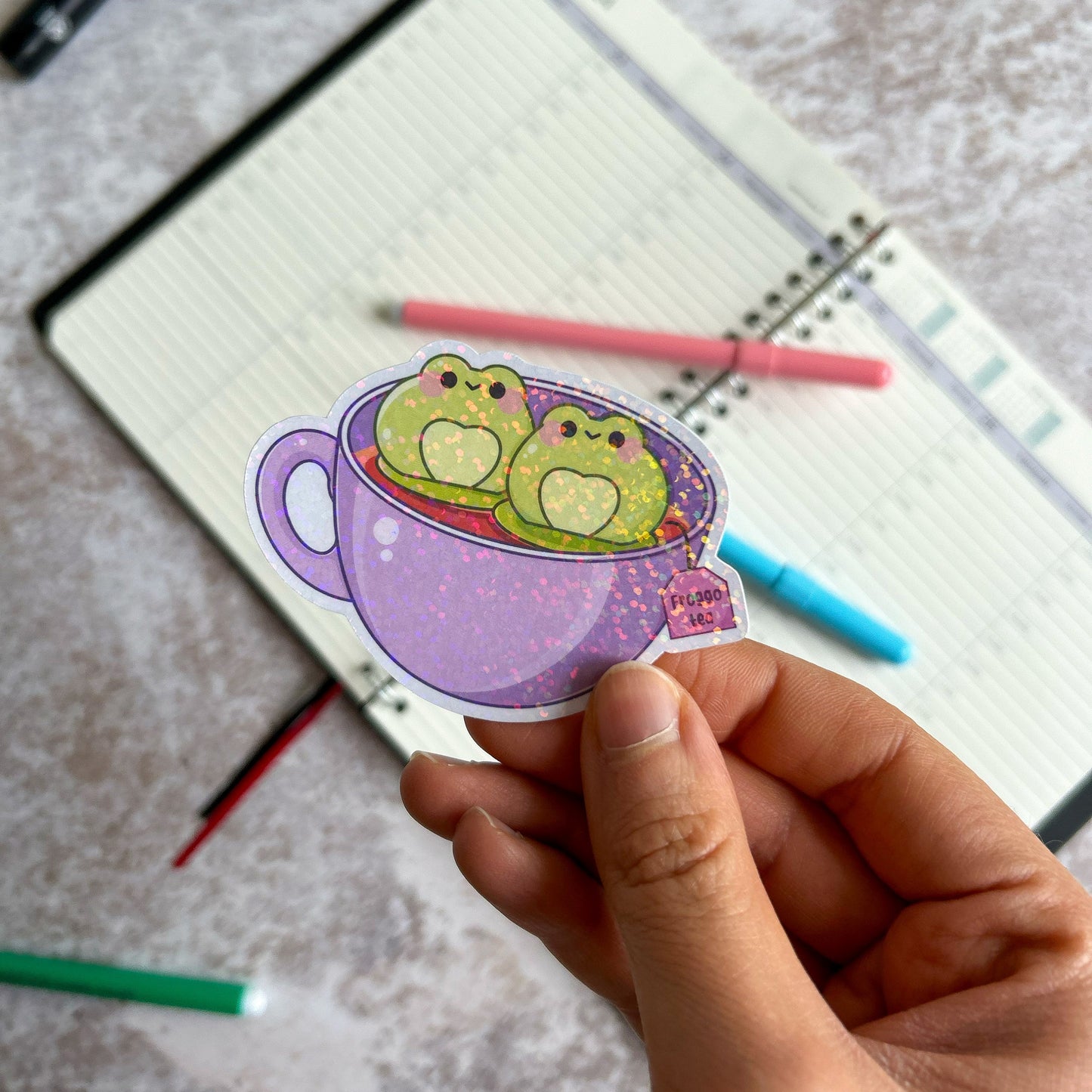 Froggo tea holographic die cut sticker | cute sticker | journal sticker | cute stationery | vinyl sticker | deco sticker