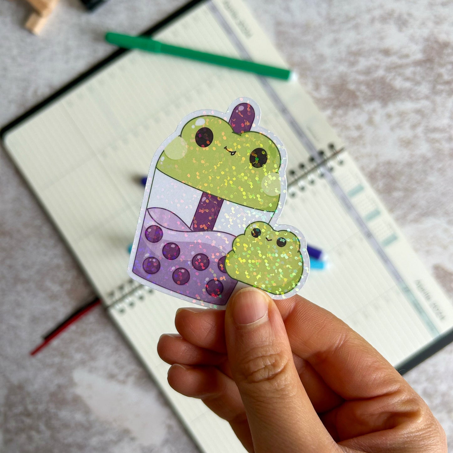 Boba froggo die cut holographic sticker | frog sticker | cute sticker | cute stationery | journal sticker | water bottle sticker