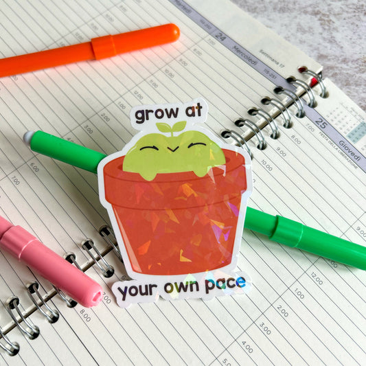 Grow at your own pace frog die cut sticker | cute stationery | journaling sticker | bujo | holographic sticker