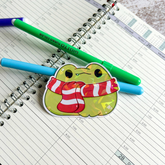 Cozy froggo holographic die cut sticker | winter frog sticker | cute stickers | cute stationery | holographic sticker | journaling
