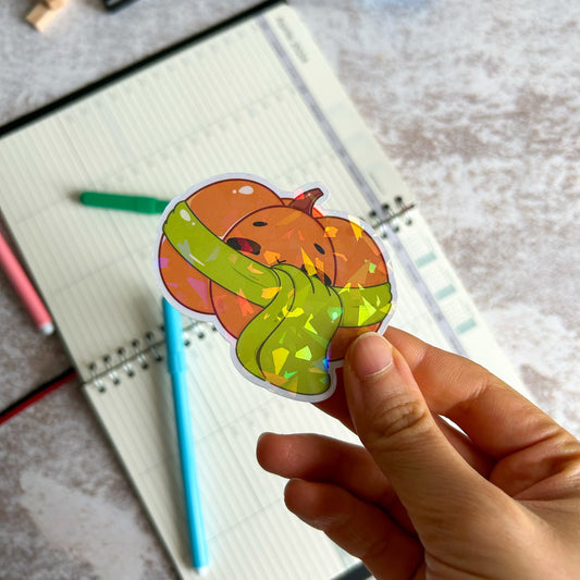 Cozy pumpkin die cut holographic sticker | cute sticker | cute stationery | journal sticker | autumnal sticker | vinyl sticker