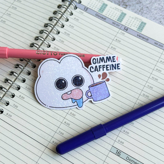 Gimme caffeine bunny holographic die cut sticker | cute stationery | journaling sticker | bujo | vinyl sticker | laptop sticker
