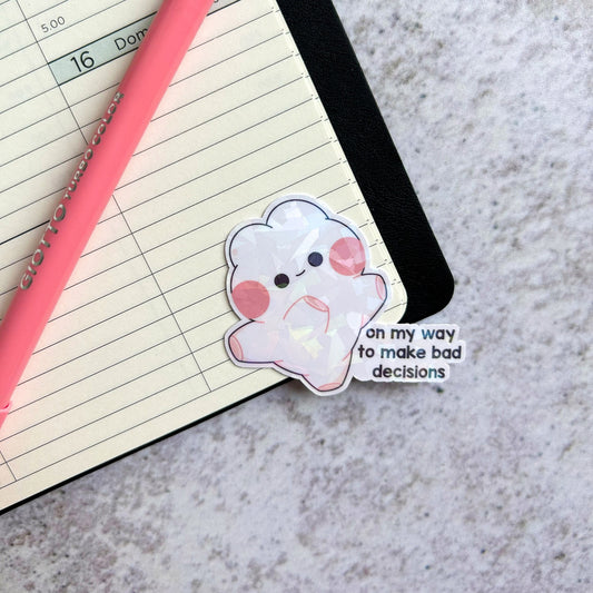 On my way to make bad decisions bunny holographic die cut sticker | cute stationery | journaling sticker | vinyl sticker | laptop sticker