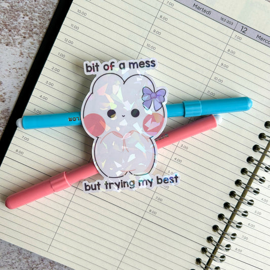 Bit of a mess but trying my best bunny holographic die cut sticker | cute stationery | journaling sticker | vinyl sticker | laptop sticker