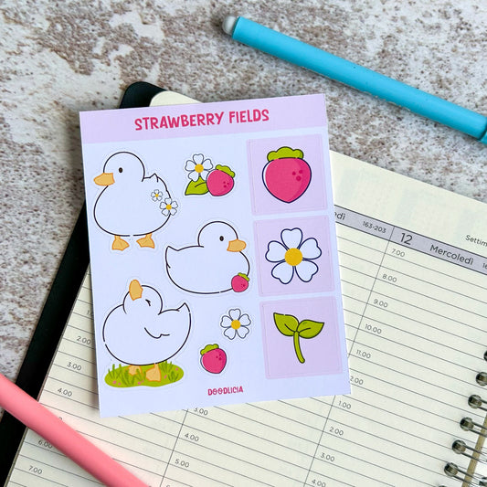 Strawberry fields sticker sheet | duck stickers | bujo | cute stationery | journaling sticker | spring stickers | pastel stickers