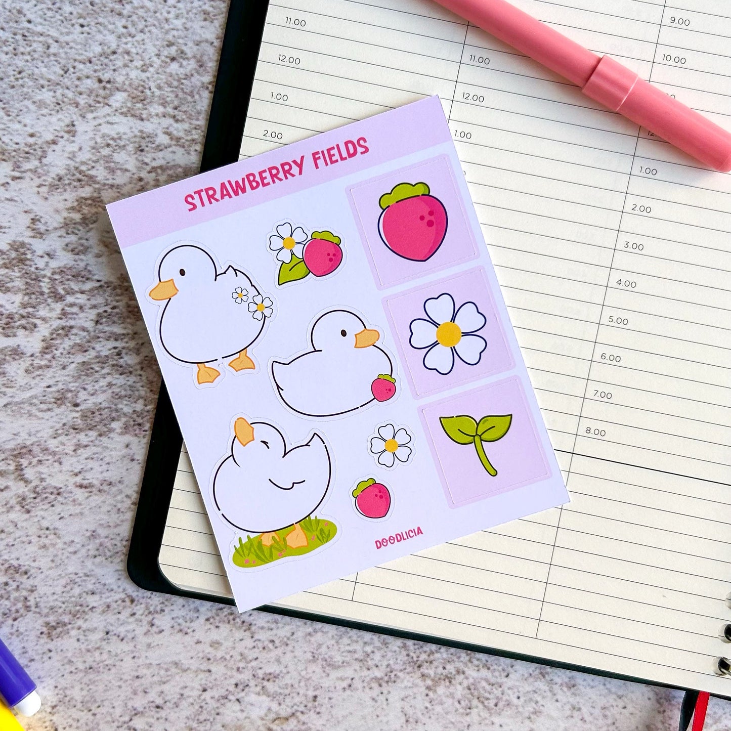 Strawberry fields sticker sheet | duck stickers | bujo | cute stationery | journaling sticker | spring stickers | pastel stickers