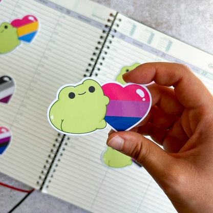 Bisexual pride heart frog die cut sticker |  bujo | cute stationery | journaling sticker | vinyl sticker | laptop sticker | LGBTQIA+