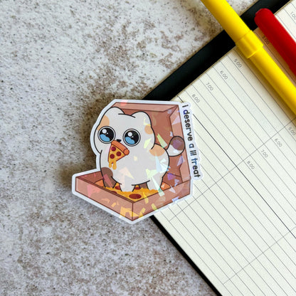 I deserve a lil treat holographic die cut sticker | cat sticker | cute stationery | journaling sticker | vinyl sticker | laptop sticker