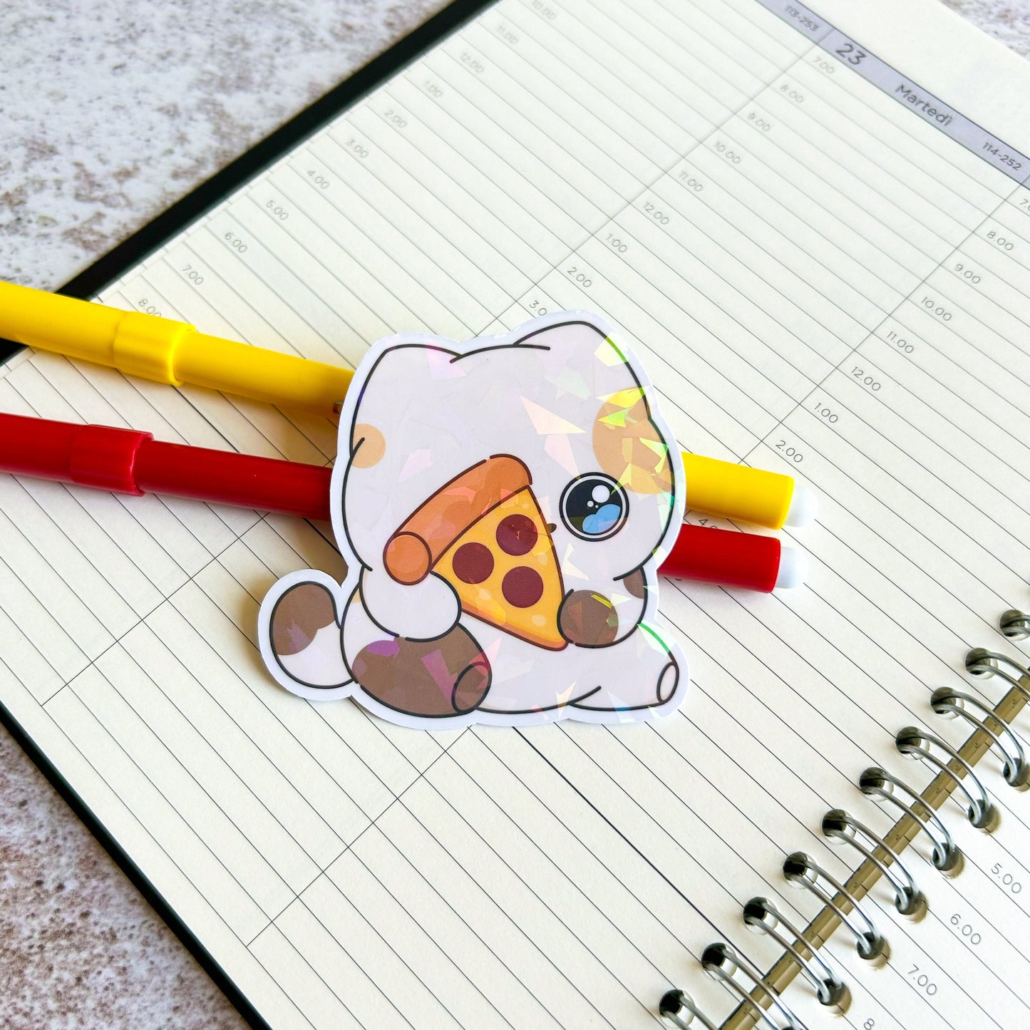 Pizza cat holographic die cut sticker | bujo | cat sticker | cute stationery | journaling sticker | vinyl sticker | laptop sticker